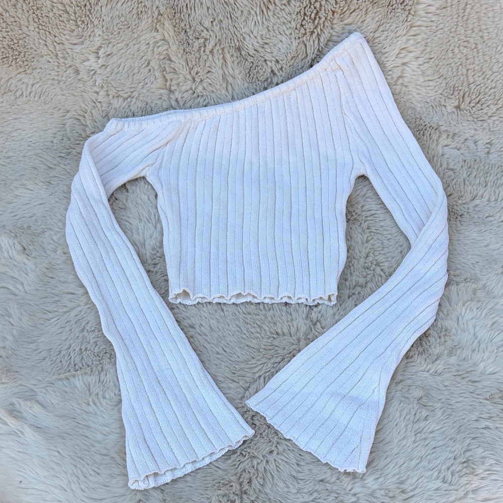Princess Polly Cream Ribbed Off-Shoulder Knit Top